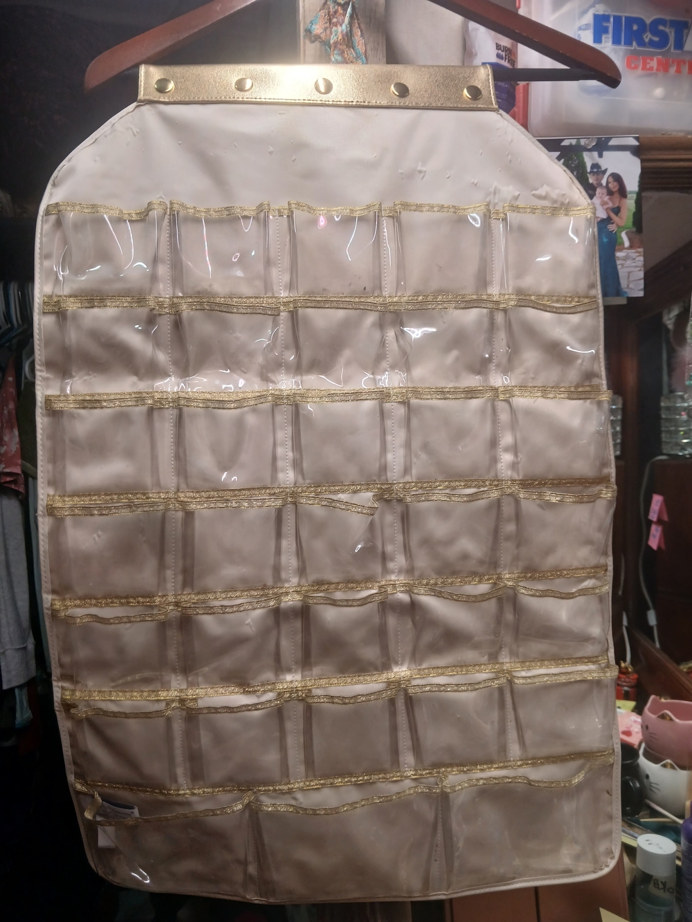 Beige Hanging Jewelry Organizer with Clear Pockets